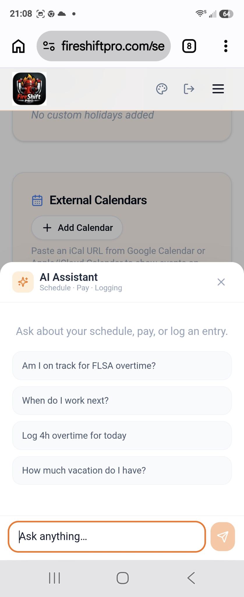 FireShift Pro AI assistant answering a schedule question