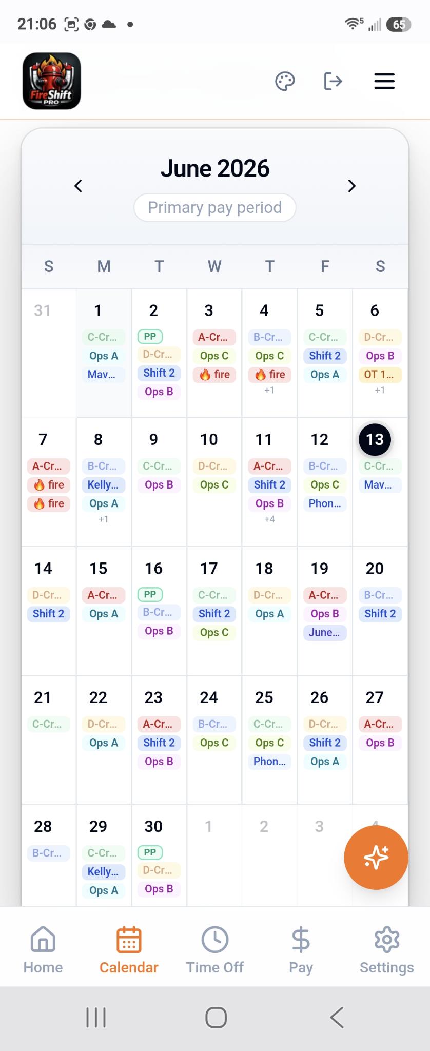 FireShift Pro calendar showing shift schedule with crew colors
