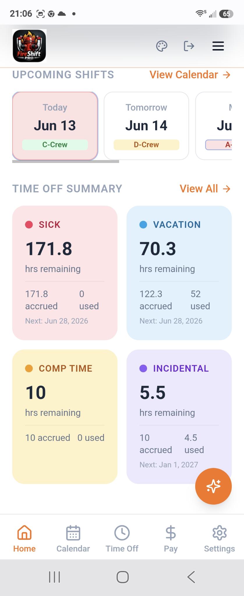FireShift Pro dashboard showing on-duty status and schedule overview