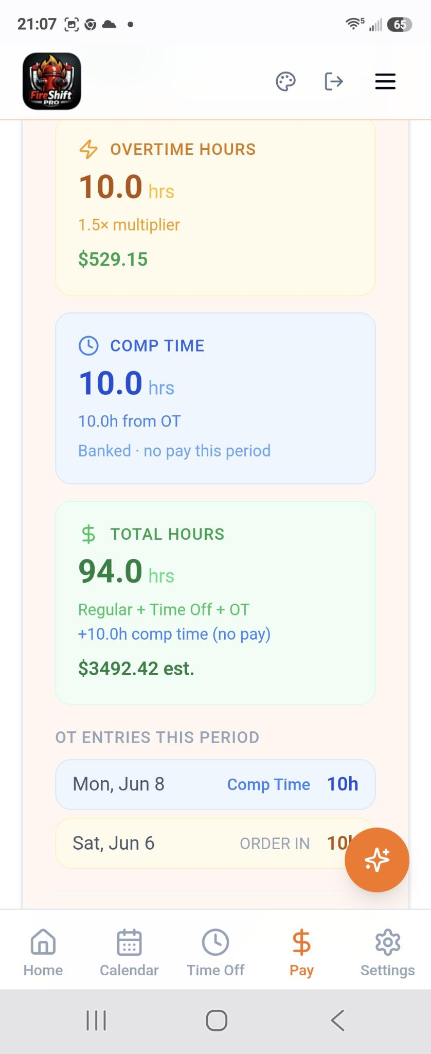 FireShift Pro pay period tracker showing earnings breakdown
