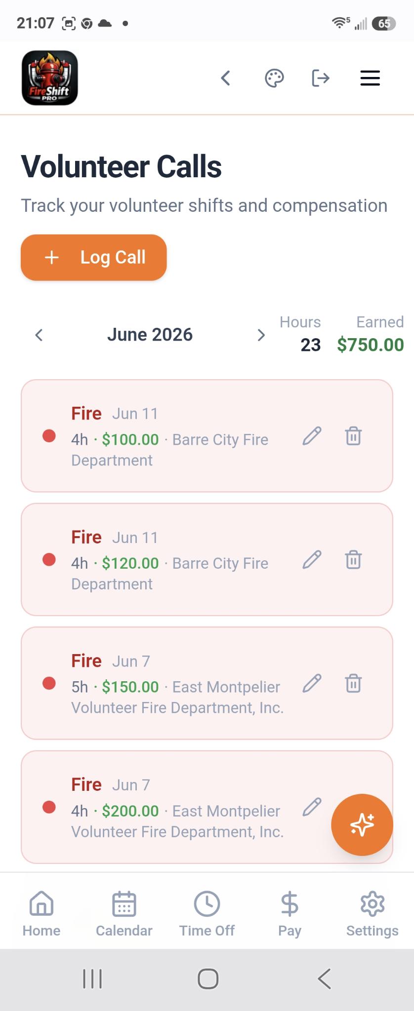 FireShift Pro volunteer call logging screen